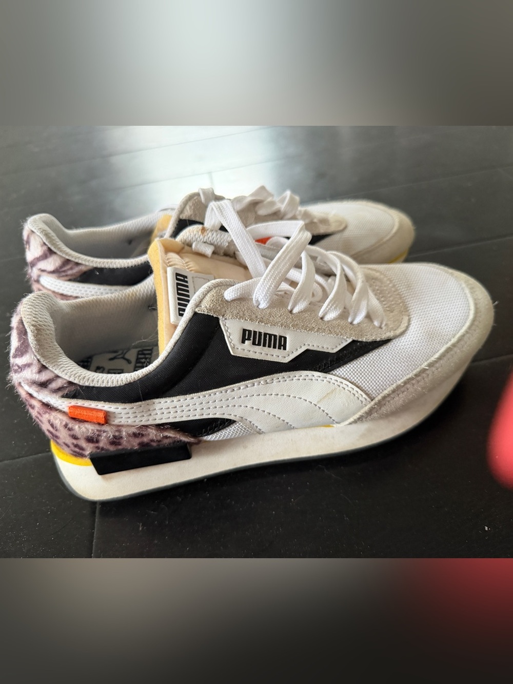 Puma White Black & Yellow Sneakers with Leopard Accent - Picture 2 of 5